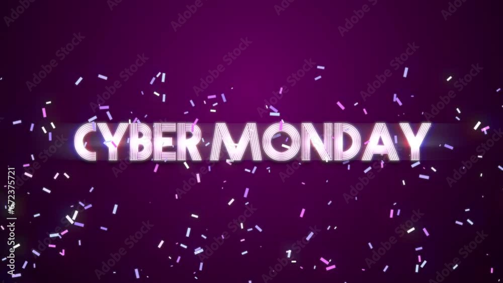 Cyber Monday text with flying confetti on purple gradient, motion abstract holidays, retro and business style background Cyber Monday text with flying confetti on purple gradient, motion abstract holidays, retro and business style background