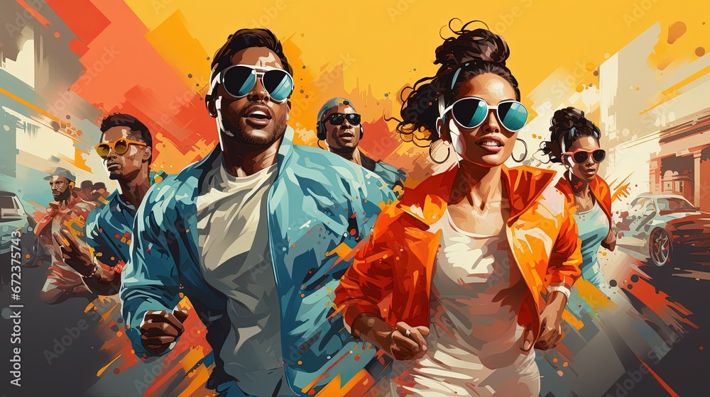 Fototapeta premium A group of people in sunglasses and stylish jackets run together towards a common goal. They are in a hurry to make it. An explosion of summer colors and freshness.