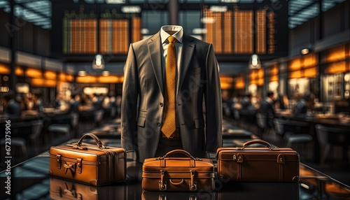 Exhibition of a business outfit with a tie and a briefcase in a shopping mall