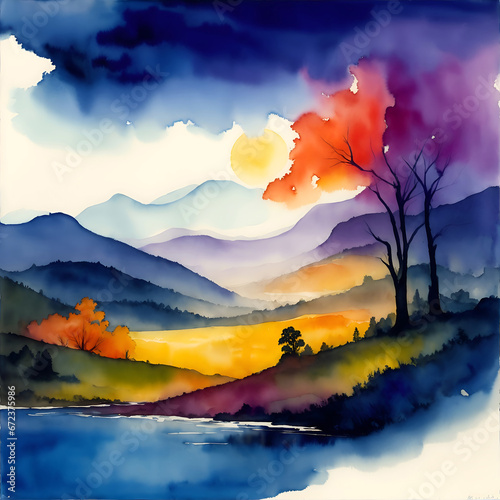 Painting of a Blossoming Meadow with an Ancient Tree and Rural Cottage by a Duck-Filled Pond