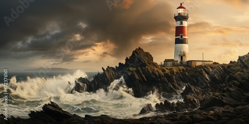 A lighthouse on the coast with sharp hills and rough waves. Black clouds in the background.