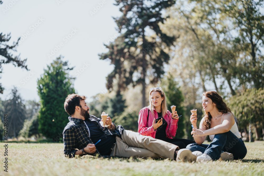 Carefree Friends Enjoying Nature in a City Park on a Sunny Day Carefree Friends Enjoying Nature in a City Park on a Sunny Day