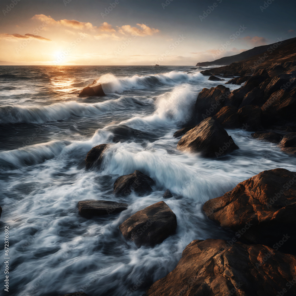 Waves Crashing on Rocky Shore at Sunset