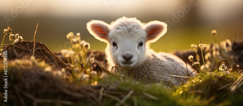 An adorable lamb born in spring from Ireland captured in a photograph in County Louth #672376988