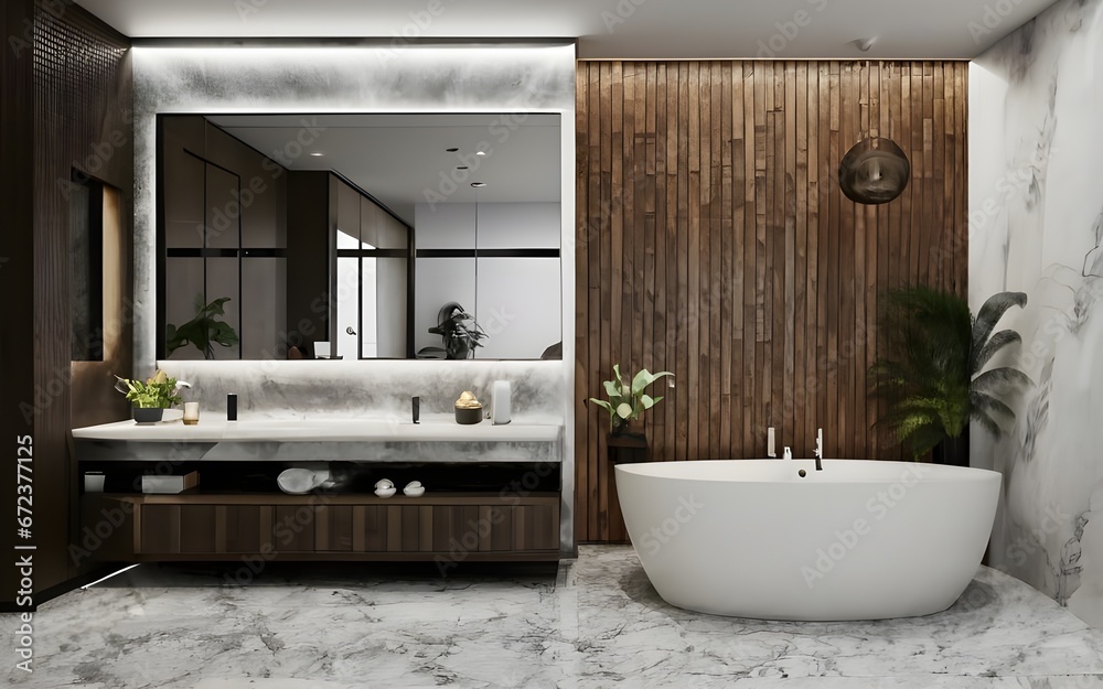 Obraz premium 3d render minimalist interior bathroom , modern wooden, plants, bathtub, panel wall, black-white ai generative