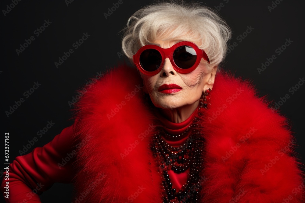 High fashion studio portrait of beautiful old woman wears sunglasses, red dress and red lipstick