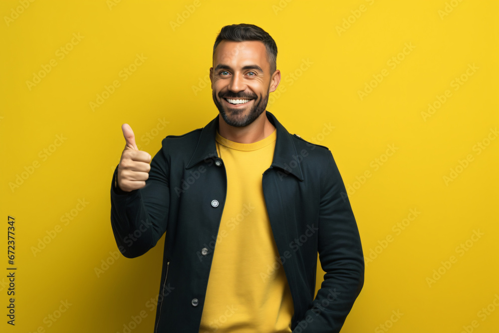 portrait of a young man waving in front of a yellow background portrait of a young man waving in front of a yellow background