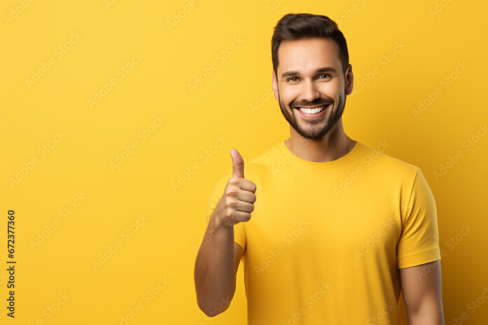 portrait of a young man waving in front of a yellow background  - obrazy, fototapety, plakaty 
