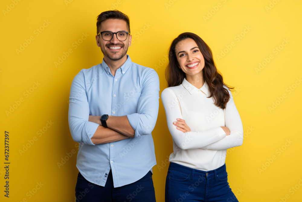 portrait of a man and a woman in front of a yellow background. team, ensemble, company - obrazy, fototapety, plakaty 