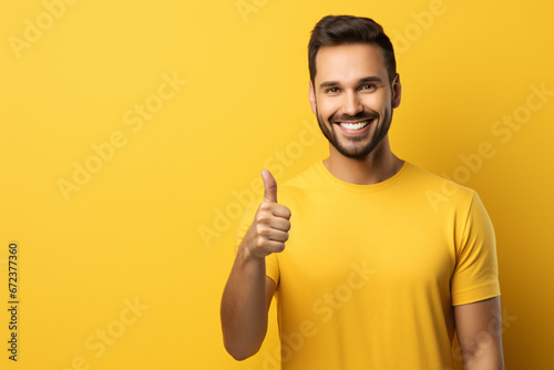 portrait of a young man waving in front of a yellow background  photo