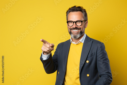 portrait of a man waving in front of a yellow background 