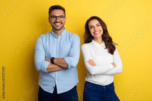 portrait of a man and a woman in front of a yellow background. team, ensemble, company