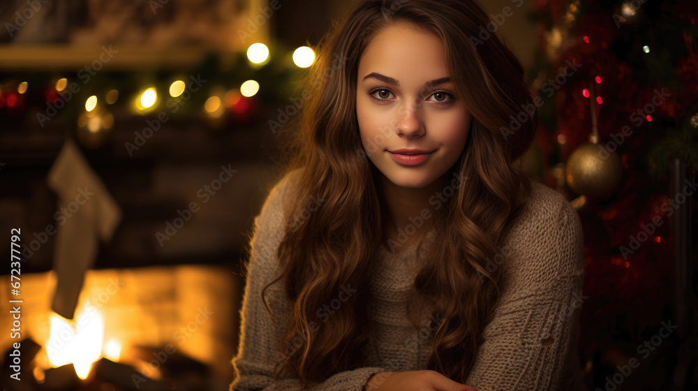 Woman with soft sweater is illuminated by the cozy glow of a fireplace and Christmas lights, with festive decorations around the room Woman with soft sweater is illuminated by the cozy glow of a fireplace and Christmas lights, with festive decorations around the room