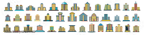 Building icon set. Containing house  office  bank  school  hotel  shop  university and hospital icons. Solid icon collection. Vector illustration.