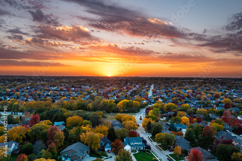Fall sunset aerial view over a neighborhood