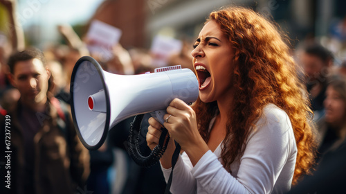 A passionate woman shouts into a megaphone, leading a crowd during a protest demonstration. © MP Studio