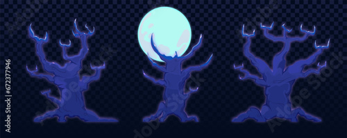 Magic tree, branchy old oak. Night trees under the moon. Isolated vector tree cartoon set. Tree silhouette template, fairy trees, visual effects. Transparent background, fantasy, illustration.