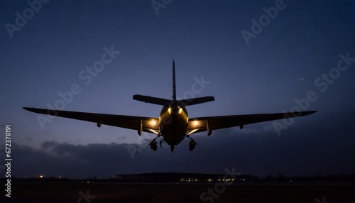Plane taking off during dusk. Small plane from low angle. Dawn. Low light.