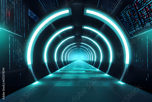 Abstract computer data stream digital tunnel with neon light technology cyberspace futuristic theme background