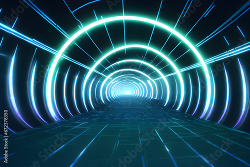 Abstract computer virtual data digital tunnel with neon light technology cyberspace futuristic theme background