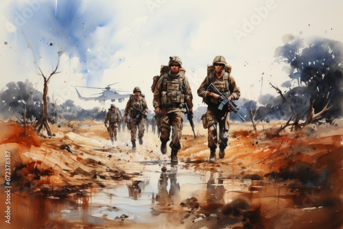 In this piece, soldiers tread a winding road, rifles in hand, portrayed through dynamic modern watercolor techniques.