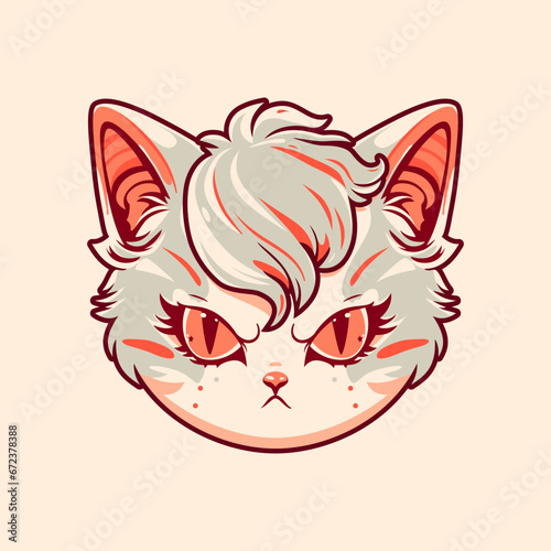 Głowa kota. Zły i niezadowolony kotek w komiksowym stylu. Ilustracja wektorowa.