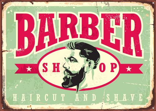 Vintage tin sign for barber shop with man graphic in hipster style. Retro advertisement for haircut and shave. Antique sign vector promo illustration.
