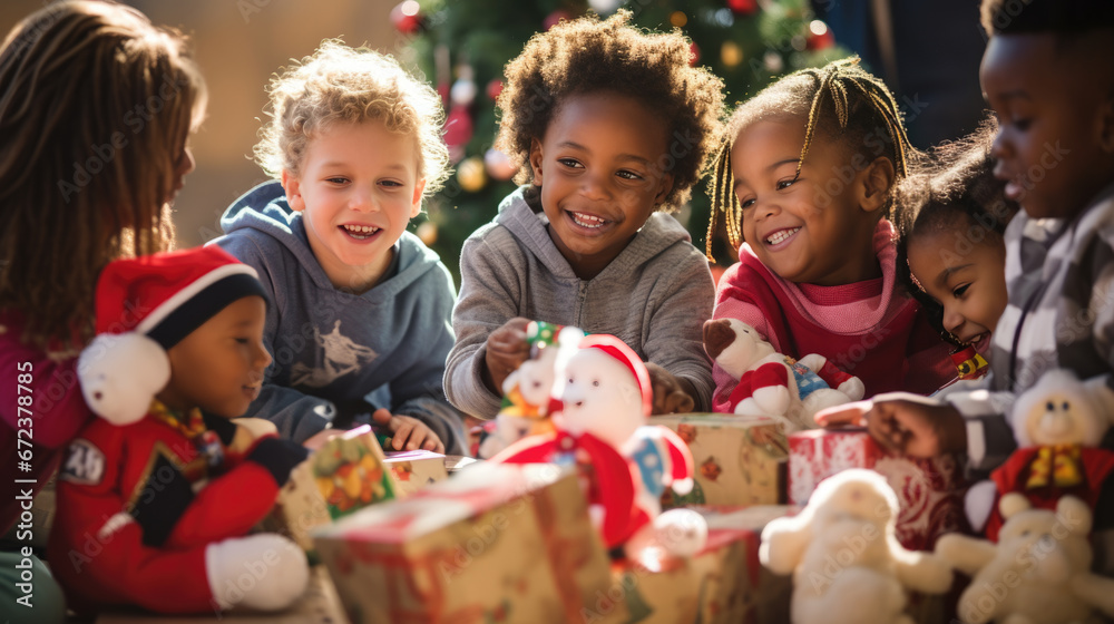 Joyful children surrounded by plush Christmas toys and gifts smile and laugh in a heartwarming holiday setting. Joyful children surrounded by plush Christmas toys and gifts smile and laugh in a heartwarming holiday setting.