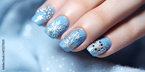 Stylish Snowflake Nails: Winter Glam with colourful background ai generated 
