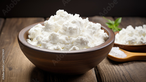 A fresh serving of creamy cottage cheese sits in a wooden bowl, surrounded by rustic textures and greenery for garnish.