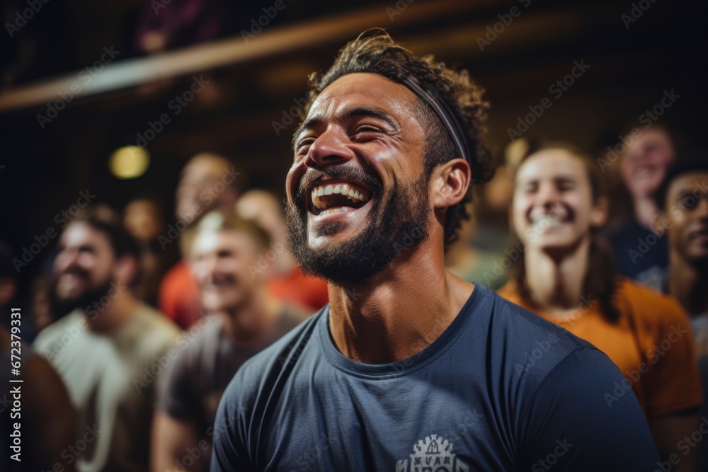 A gym instructor guiding a group fitness class.