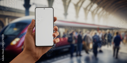 CU view of Caucasain male using his phone on a train station platform