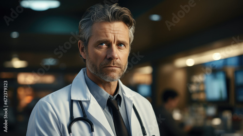Mature doctor posing and looking at camera, healthcare and medicine. Handsome serious medical person wear white coat. Hospital ward background. Health care specialist. Young adult nurse portrait.