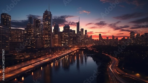 Evening landscape view urban city with lights. AI generated image