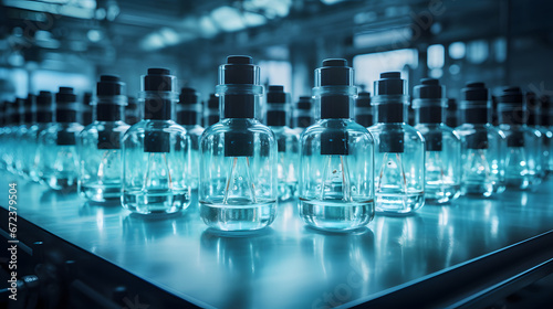 Inside a pharma factory, glass ampoules await filling and packaging. The foundation of pharmaceutical production.