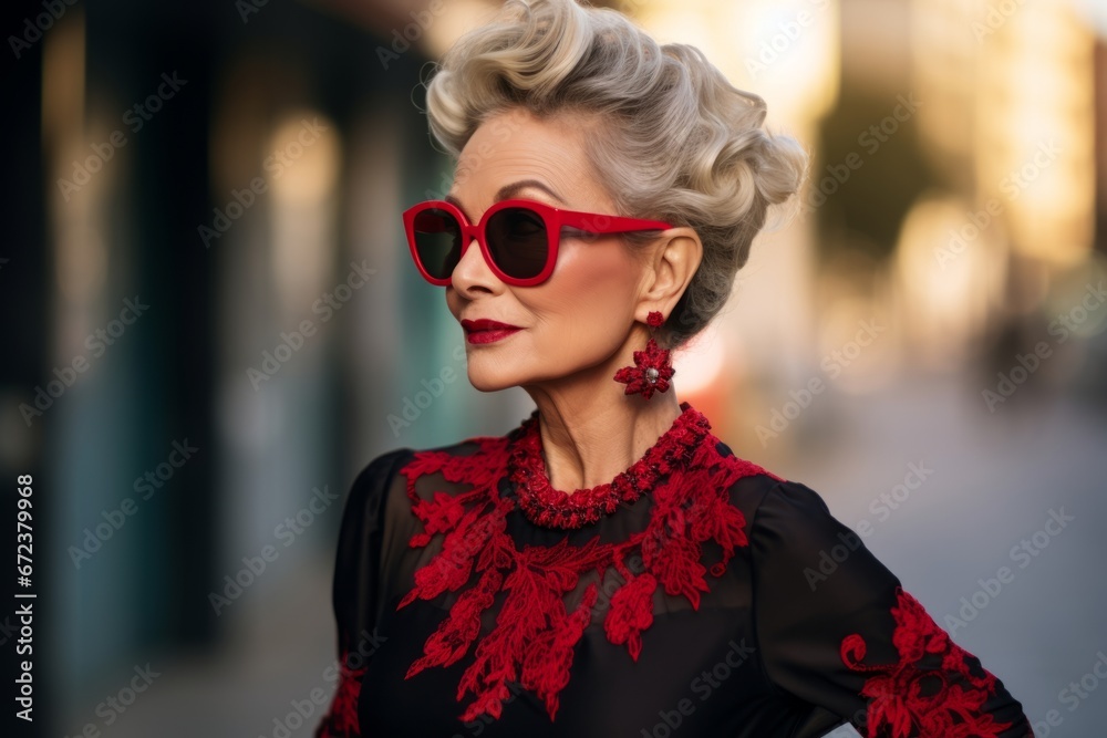Beautiful stylish elderly woman wears red lipstick, sunglasses and evening dress. Street fashion