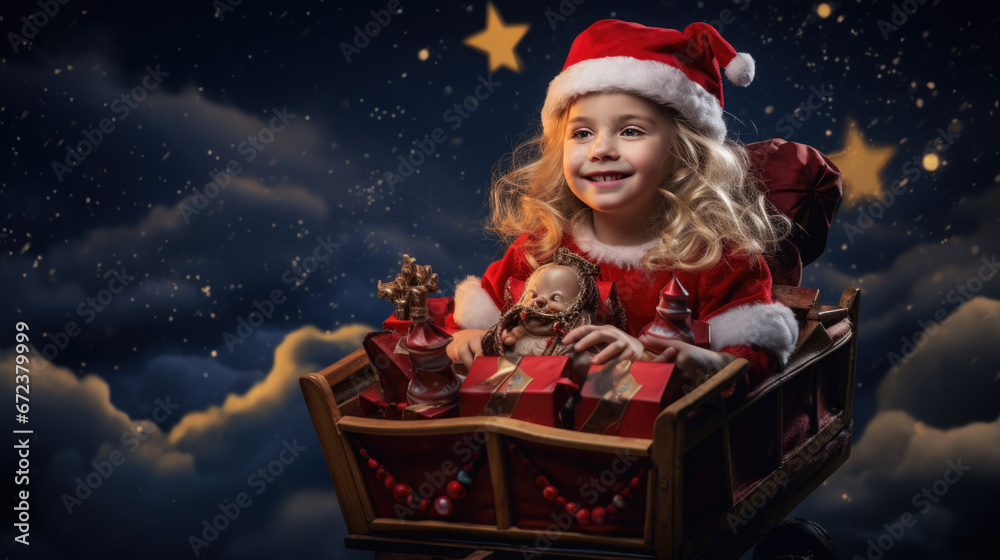 A joyful child in a Santa hat is smiling with wonder as she opens a golden Christmas gift under a starry night sky. A joyful child in a Santa hat is smiling with wonder as she opens a golden Christmas gift under a starry night sky.