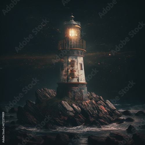 AI generated illustration of a nighttime scene of a lighthouse perched atop a rocky shoreline photo