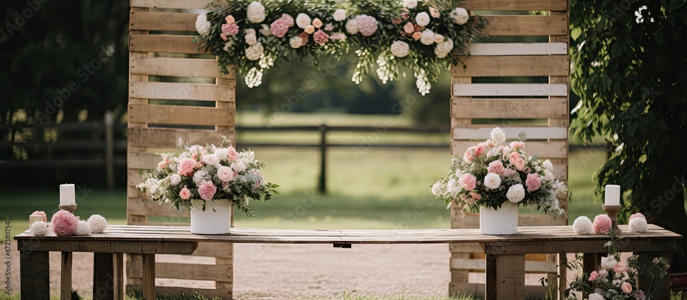 Naklejka premium A charming wooden sign greets guests as they arrive at the wedding celebration