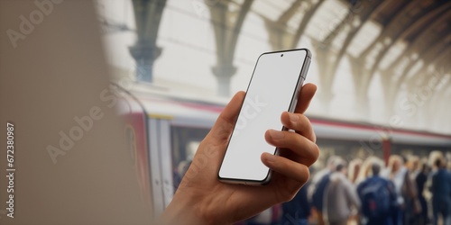 CU view of Caucasain male using his phone on a train station platform