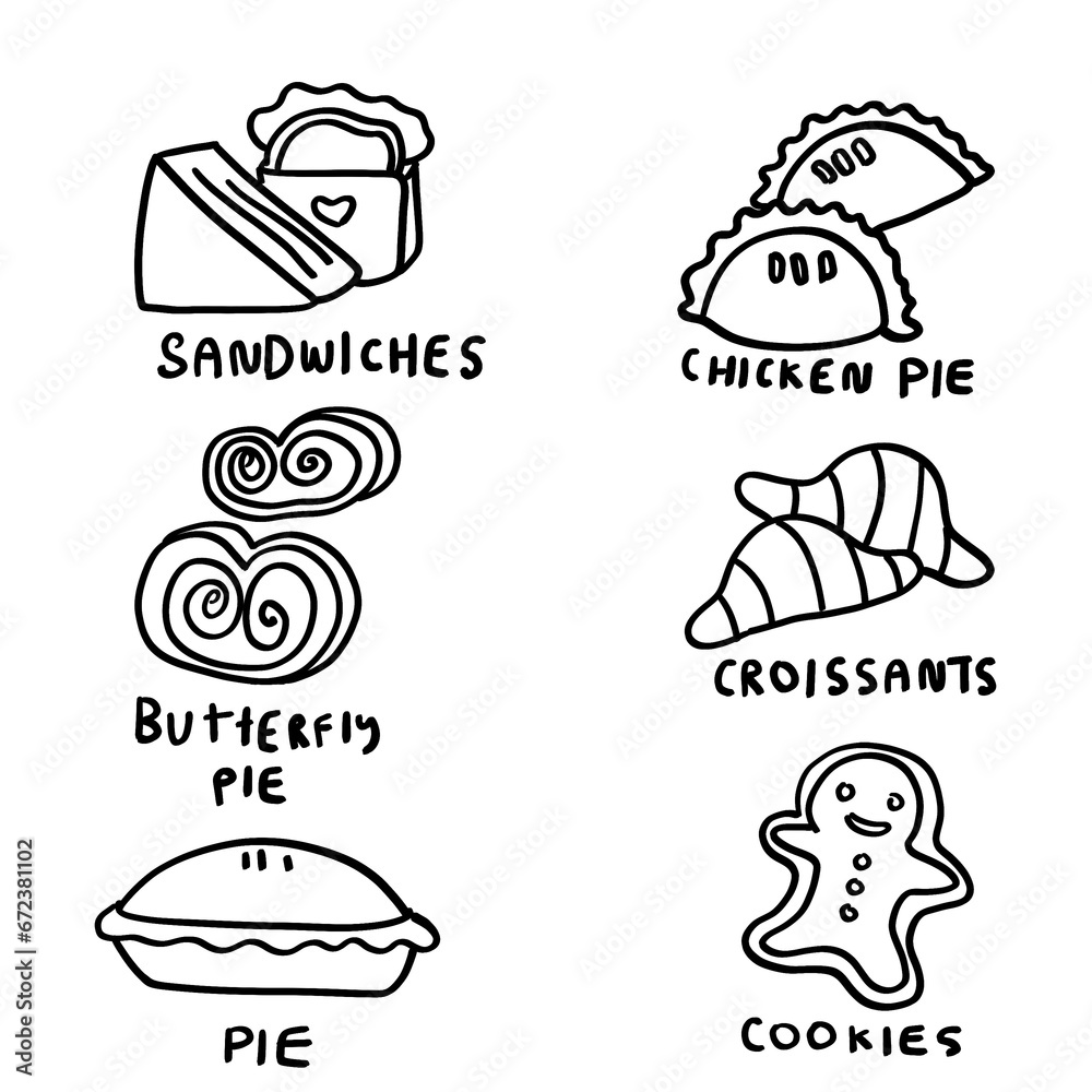 Hand drawn pastries on a white background : sandwiches, butterfly pie, pie, cookies, croissant and chicken pie Hand drawn pastries on a white background : sandwiches, butterfly pie, pie, cookies, croissant and chicken pie