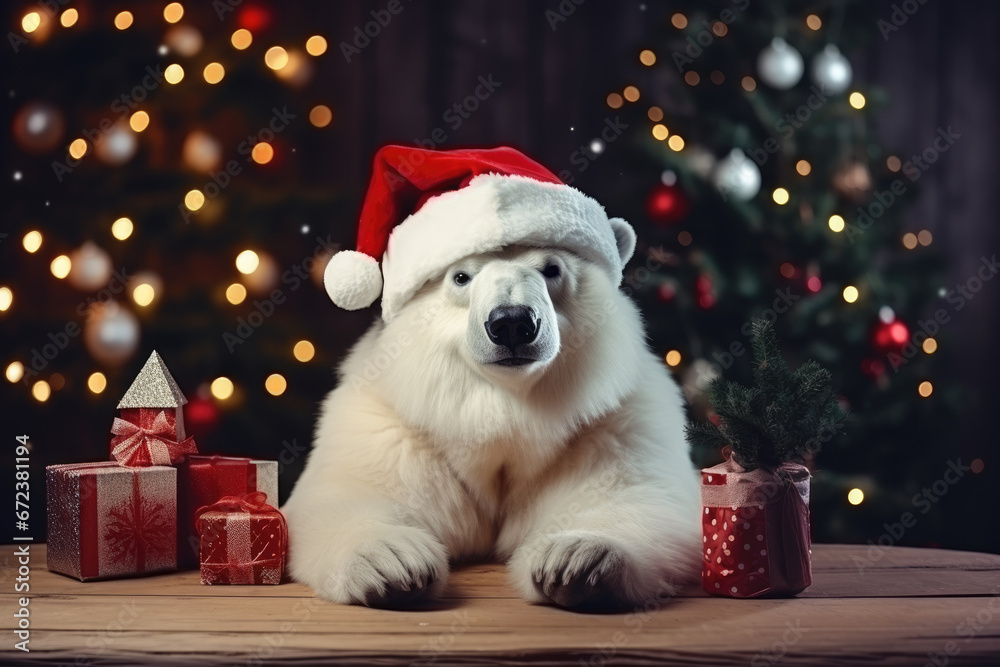 White bear in santa hat sitting with christmas gifts White bear in santa hat sitting with christmas gifts