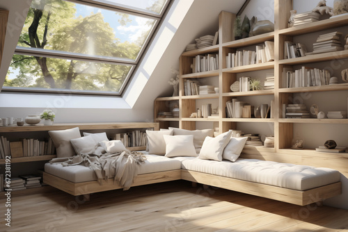 Bright and Tranquil Attic Living Space with Wooden Shelving, Plush Seating, and Skylight Views. photo