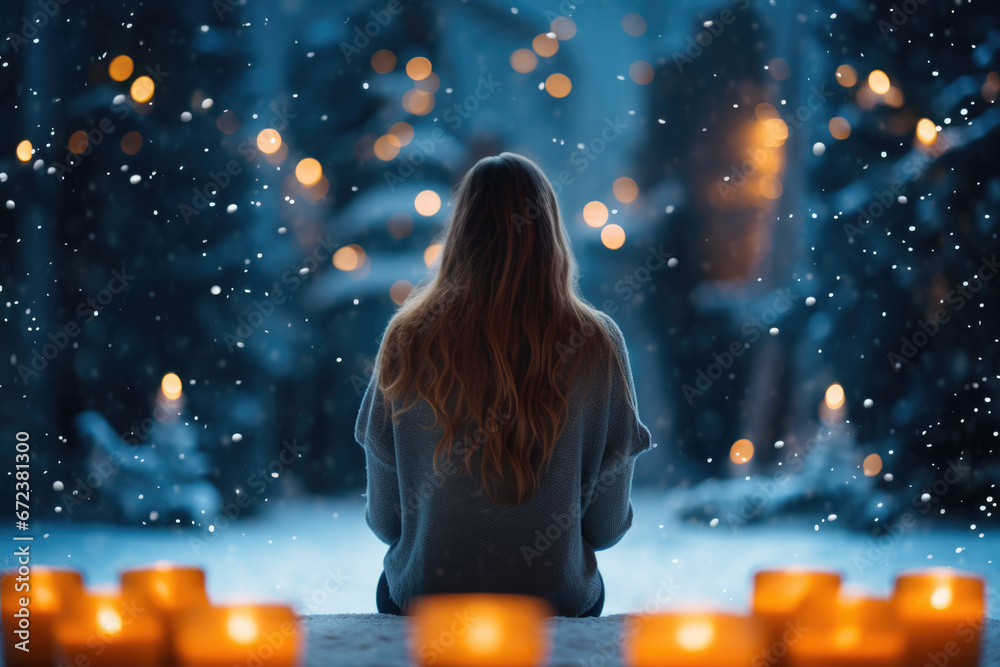 Beautiful woman at magic christmas scene near gifts and candles