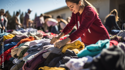 A woman in a red sweater is meticulously selecting clothes from a multicolored pile at an outdoor market, with other shoppers in the background.