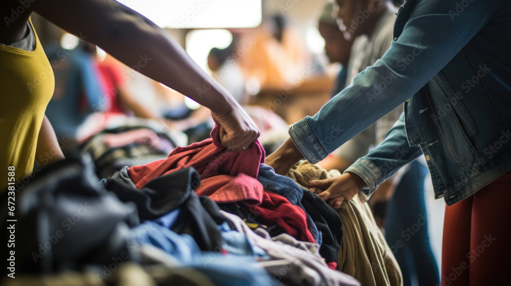 A person examines a piece of clothing while shopping in a busy retail store, with a woman nearby also browsing through garments. A person examines a piece of clothing while shopping in a busy retail store, with a woman nearby also browsing through garments.