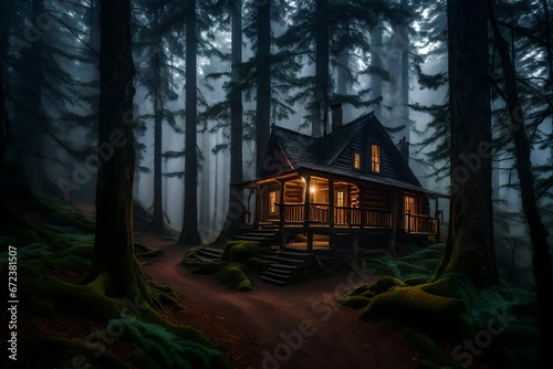 house in the woods, A cabin with a view in the heart of a dense, misty forest