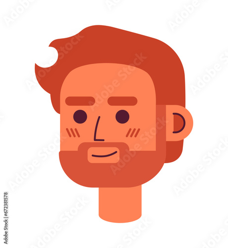 Bearded caucasian adult guy 2D vector avatar illustration. Confident smirk man european cartoon character face portrait. Positive emotion flat color user profile image isolated on white background