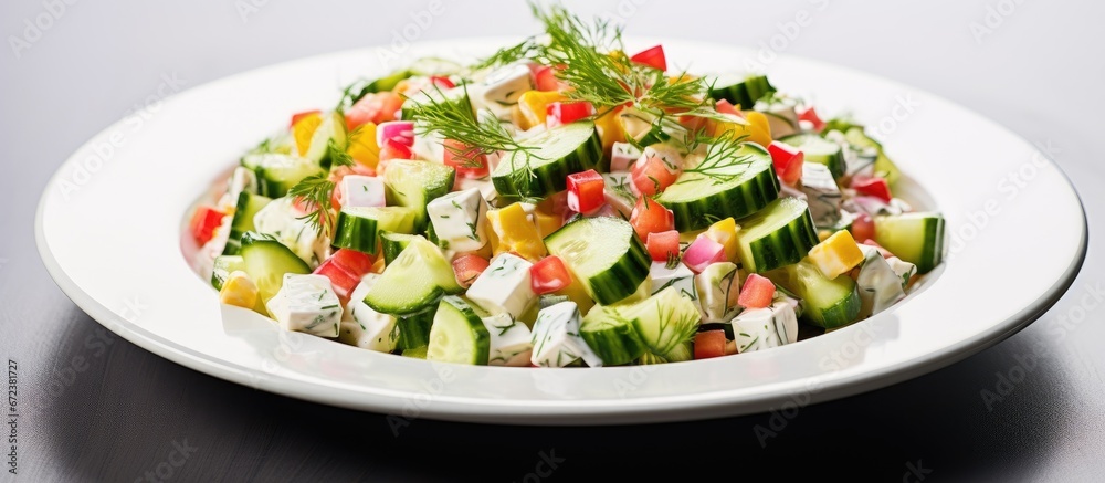A mixture of sliced cucumber imitation crab meat and kernels of corn