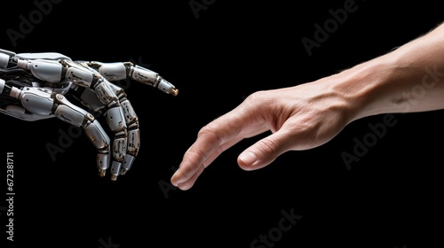 Humanoid robot handshake with human hand in black background. AI generated